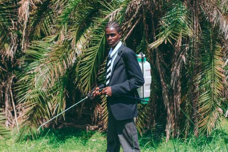 A young man in formal attire sprays pesticides in a palm grove in Accra, Ghana.