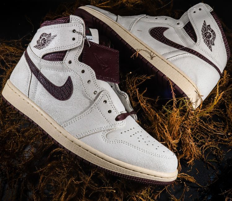 Close-up of trendy Air Jordan sneakers in a product shoot setting, highlighting stylish design and footwear details.